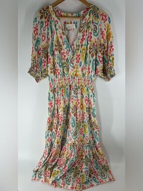 Anthropologie Cream Midi Dress with Multicolor Ikat Print